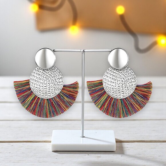 🆕️Boho Chic Rainbow Fan Earrings - Statement Fringe Tassel Summer Style 🌈 - Picture 12 of 12